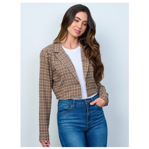 HYFVE Jackets & Blazers - Women Casual Lapel Plaid Pattern Brown Long Sleeve Crop Short Blazer